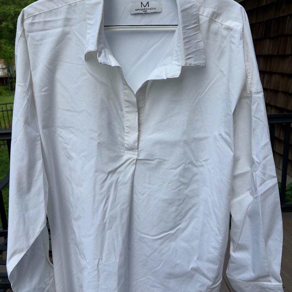 Magaschoni Women’s  Poplin Collar Split neck White Blouse 2X
